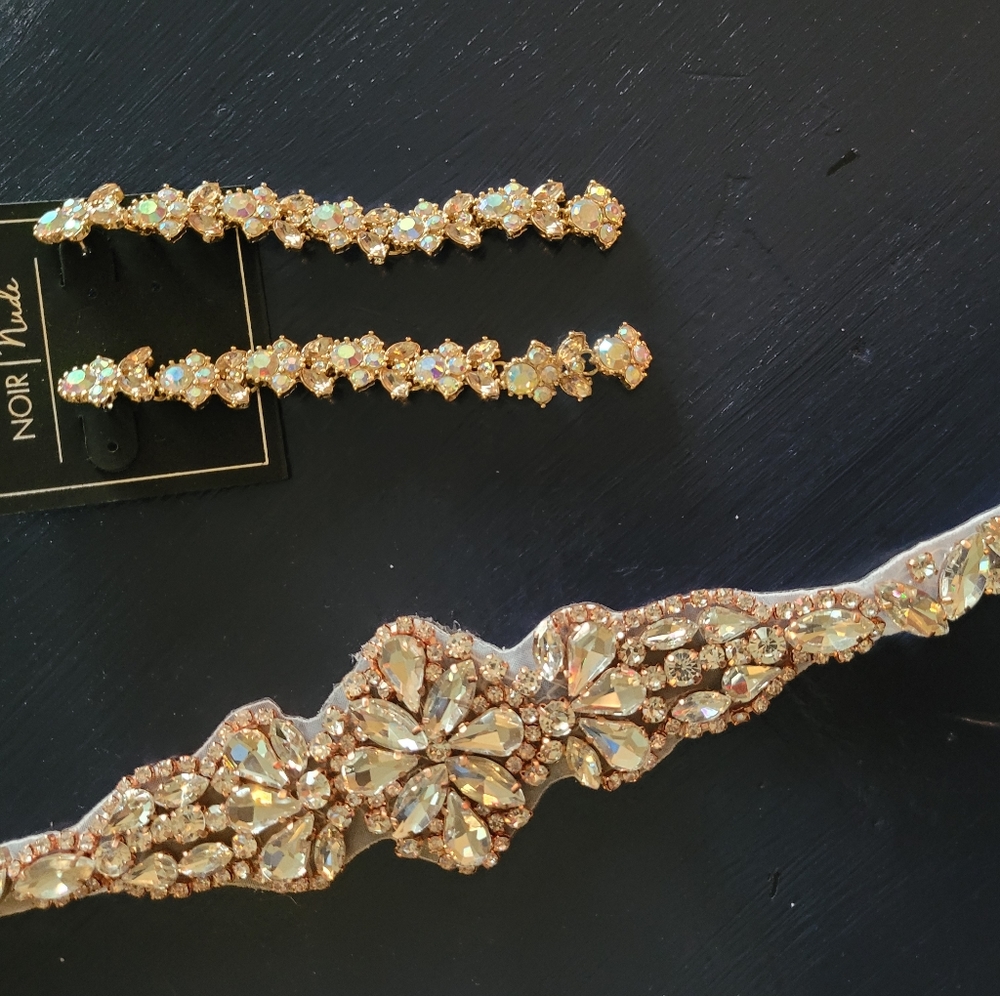 Rose gold wedding sash and earrings